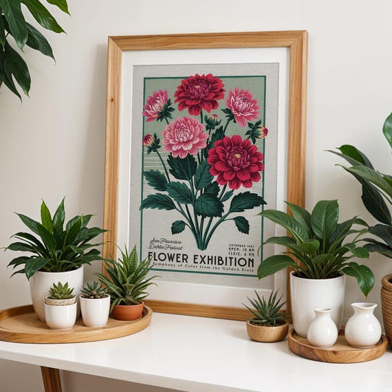 San Francisco Dahlia Botanical Art Print Floral Wall Poster Gift Retro Decor For Plant Moms Mid Century Garden Artwork