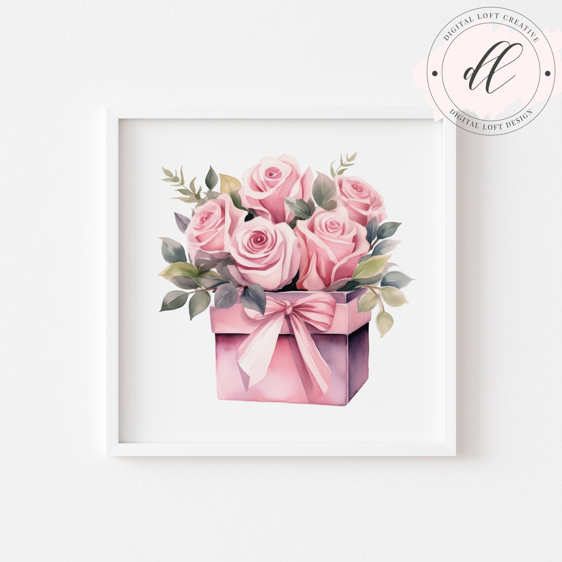 Pink Roses Gift Box Watercolor Romantic Floral Bouquet Wall Art - Image 2