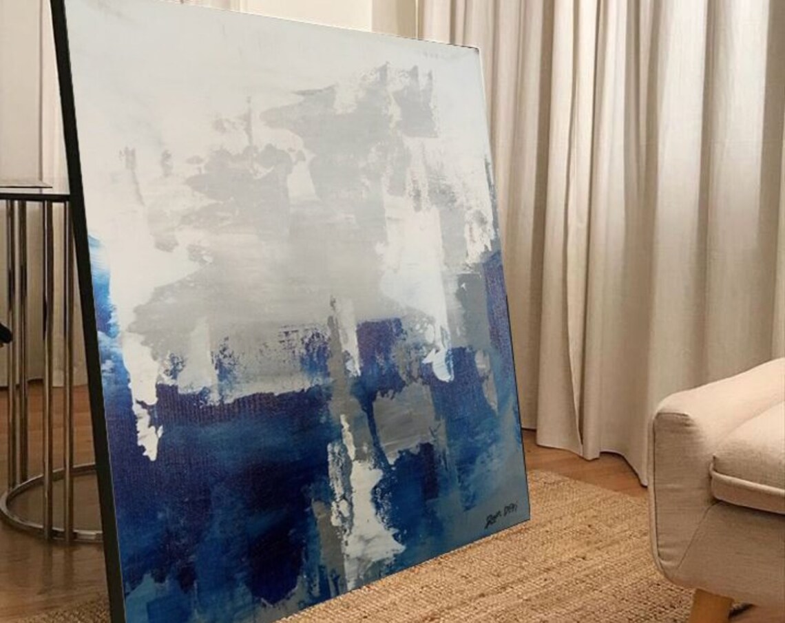 Blue Abstract Oil Painting, Gray Living Room Wall Art Print - Image 2