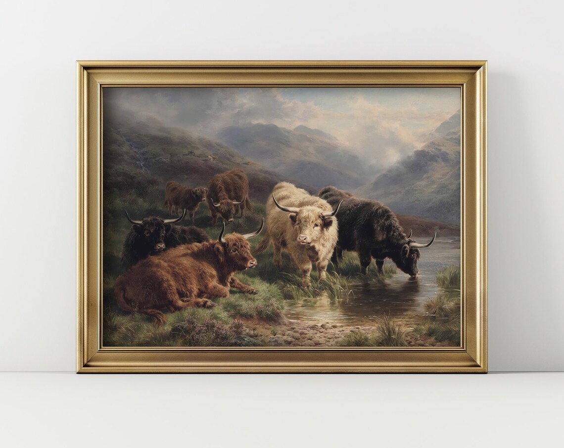 Vintage Highland Cow Painting Scotland Art Print