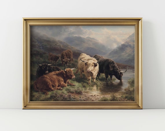Vintage Highland Cow Painting Scotland Art Print