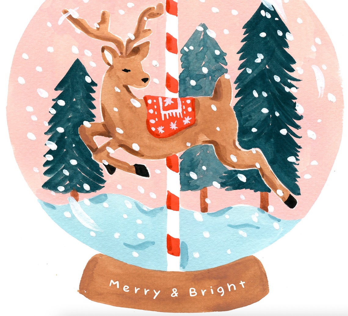 Reindeer Snow Globe Ornament Merry And Bright Christmas Card Print - Image 3