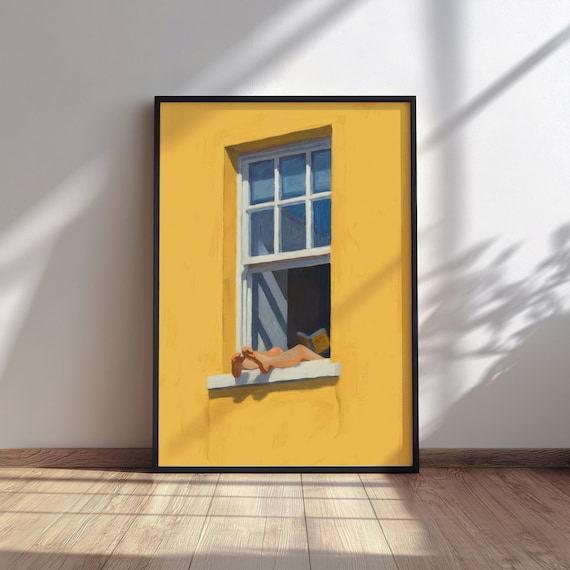 Woman Reading Print Sunny Yellow Window Botanical Art