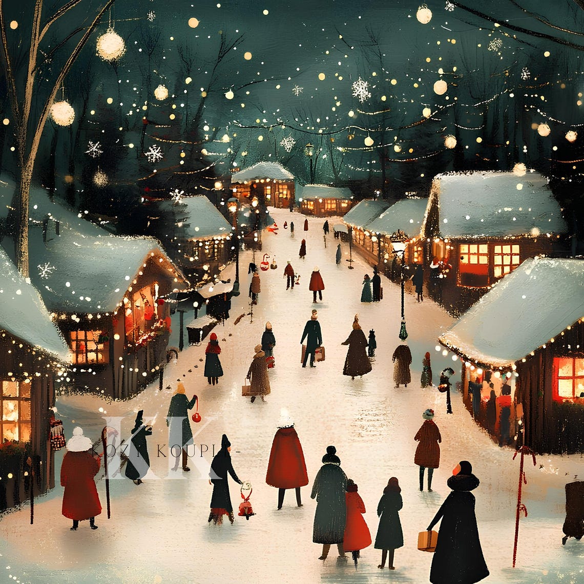 Vintage Christmas Market Night Snowy Street Lights Festive Wall Art - Image 4
