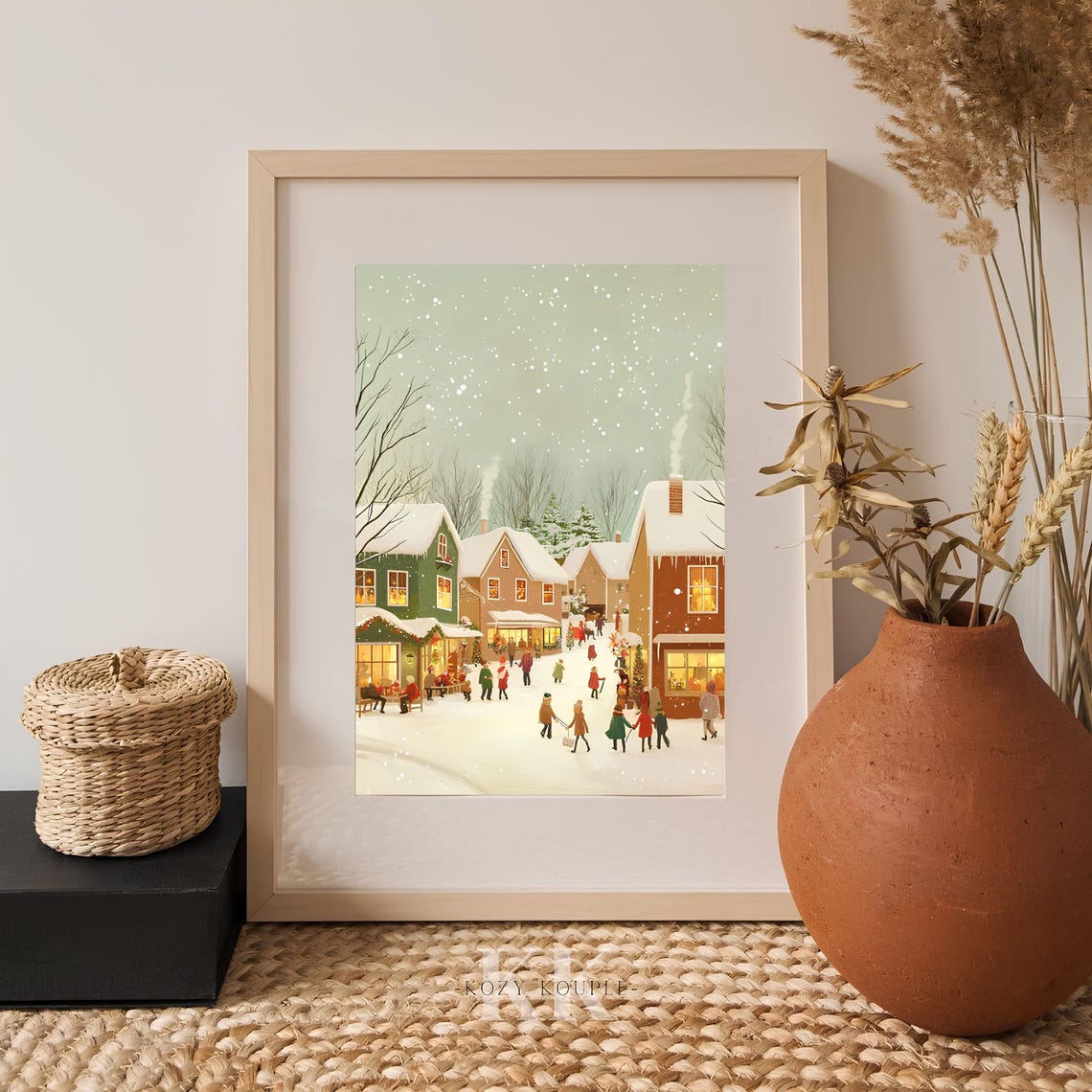 Snowy Village Street at Dusk Glowing Shops Falling Snow Poster - Image 2