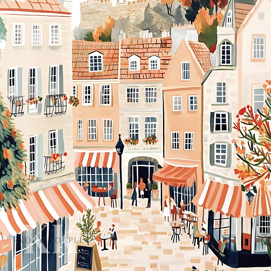 Cozy Autumn Old Town Street Cafes Castle Hill Warm Tones Poster - Image 4