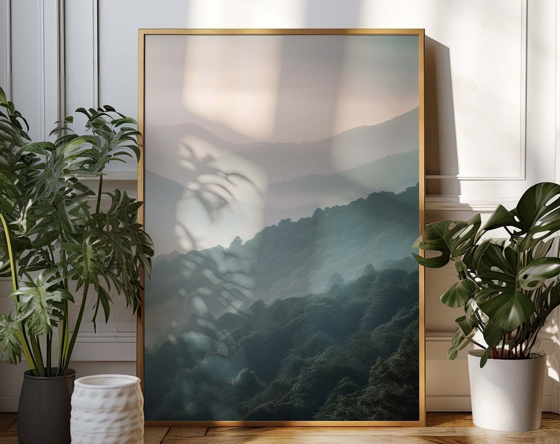 Misty Forest Mountains in Fog With Soft Sage Green Nature Poster - Image 3