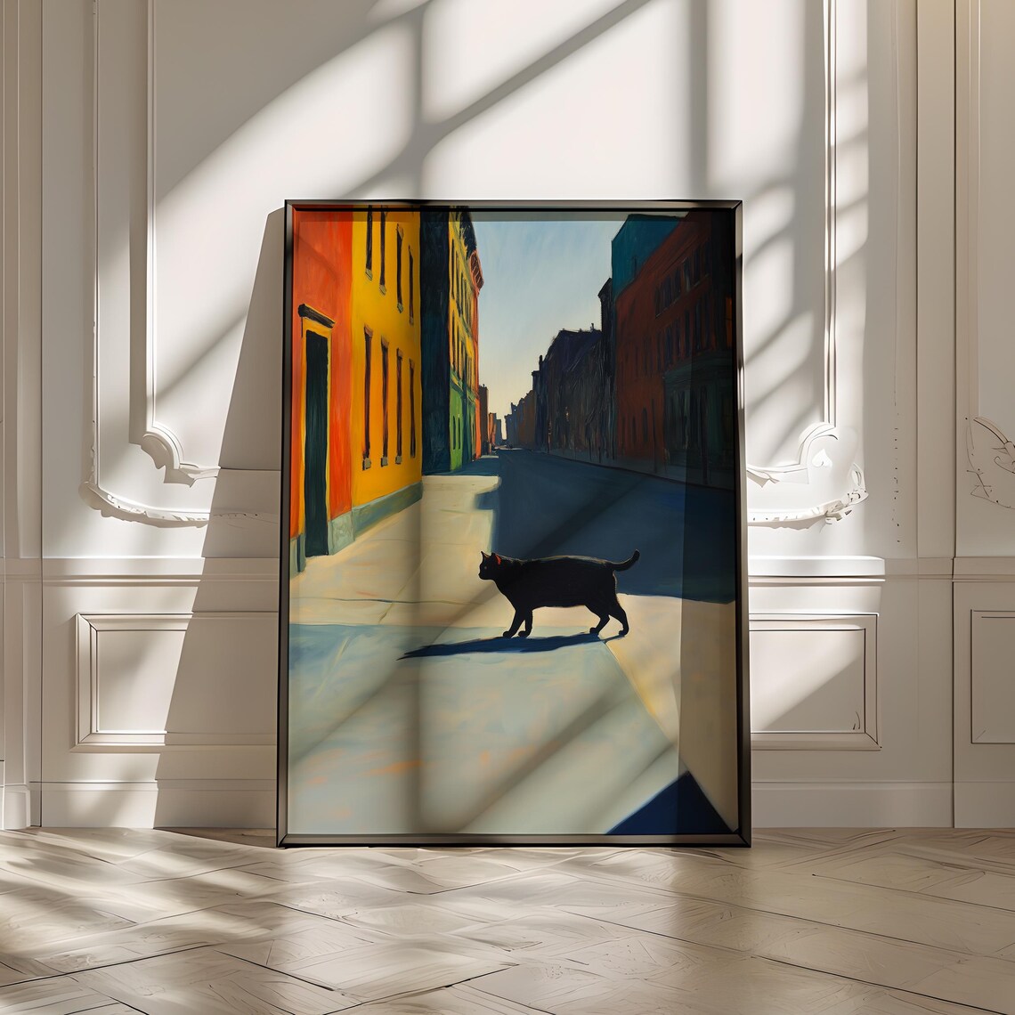 Black Cat Crossing Sunlit Street Colorful Buildings Oil Poster