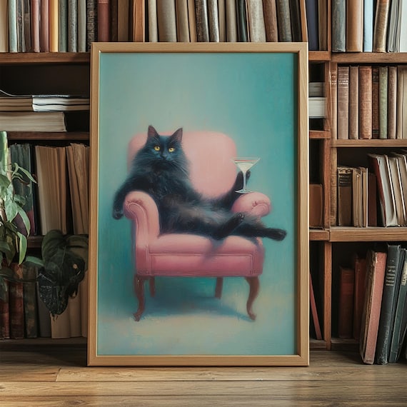 Black Cat Sipping Martini in Pink Chair Funny Whimsical Poster