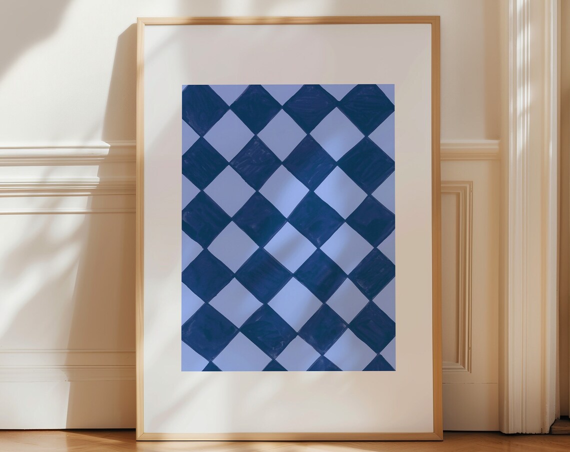 Blue Checkered Art Deco Checkerboard Art Print