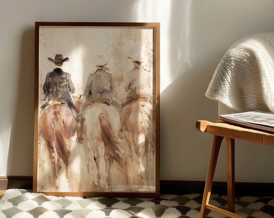 Cowboys on Horseback Western Oil Painting Warm Neutral Riding Poster - Image 2