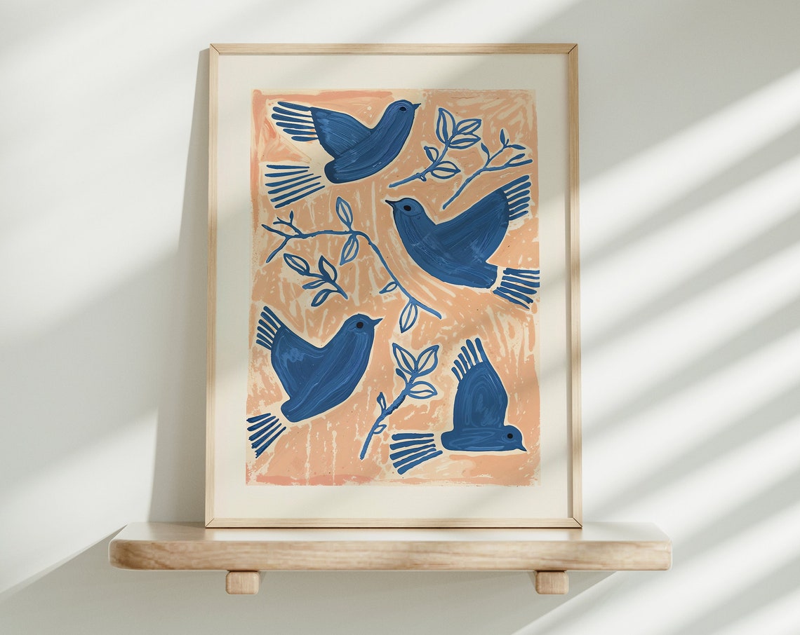 Blue Birds Folk Illustration Peach Background Modern Bird Art Poster - Image 4