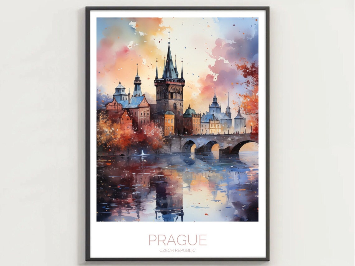 Prague Czech Republic Charles Bridge Watercolor Evening Poster