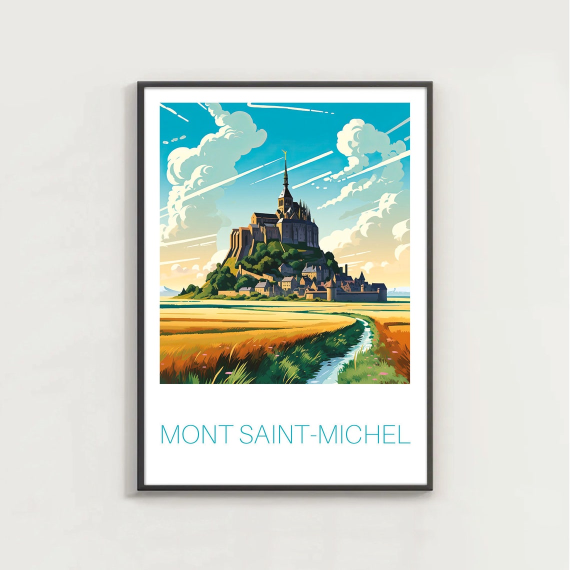 Mont Saint-Michel Teal Typography Island Abbey Bay Scene Poster - Image 2