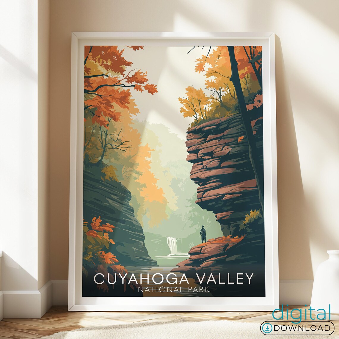 Cuyahoga Valley National Park Autumn Gorge Waterfall Hiker Travel Poster