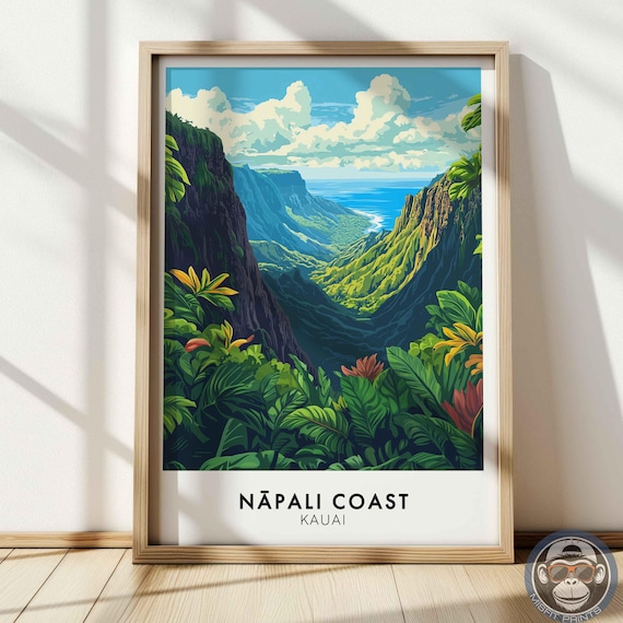 Napali Coast Kauai Green Canyon Cliffs Lush Tropical Vintage Travel Poster