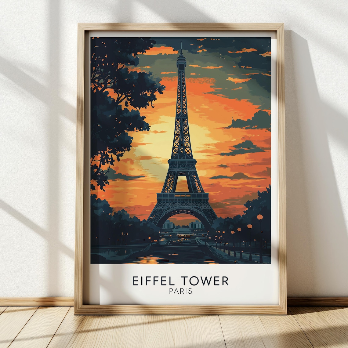 Eiffel Tower Paris Fiery Orange Sunset Sky Vintage France Travel Print