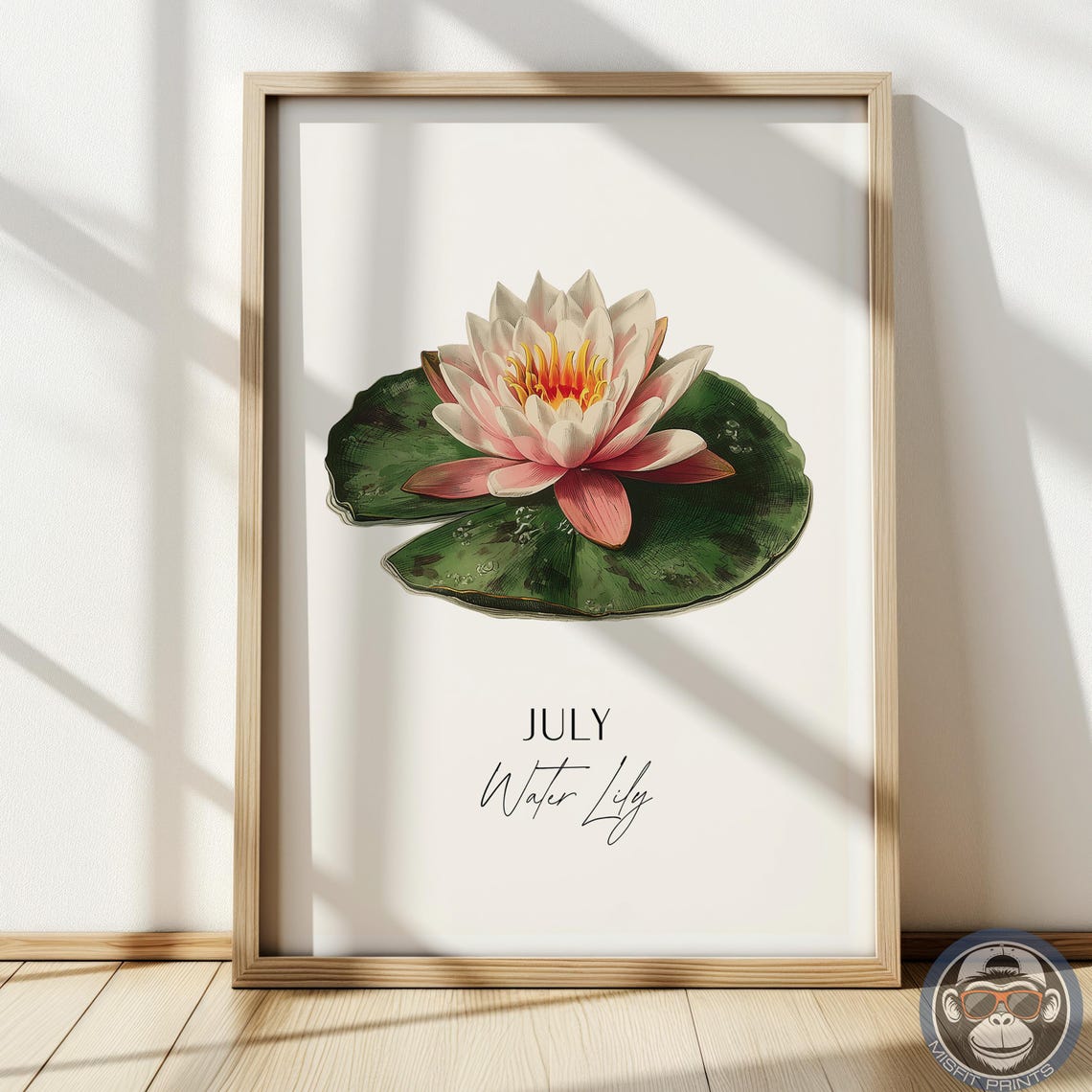 July Pink Water Lily Birth Flower Botanical Illustration Wall Art