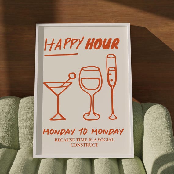 Trendy Happy Hour Print Funny Bar Cart Art Orange Minimalist Drinks Art Happy Hour Club Wall Art Funny Kitchen Decor