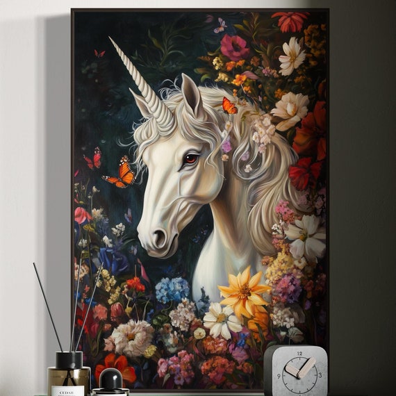 Unicorn Wall Art Whimsical Floral Fantasy Colorful Butterfly Print Enchanted Fairytale Inspired Decor For Bedroom