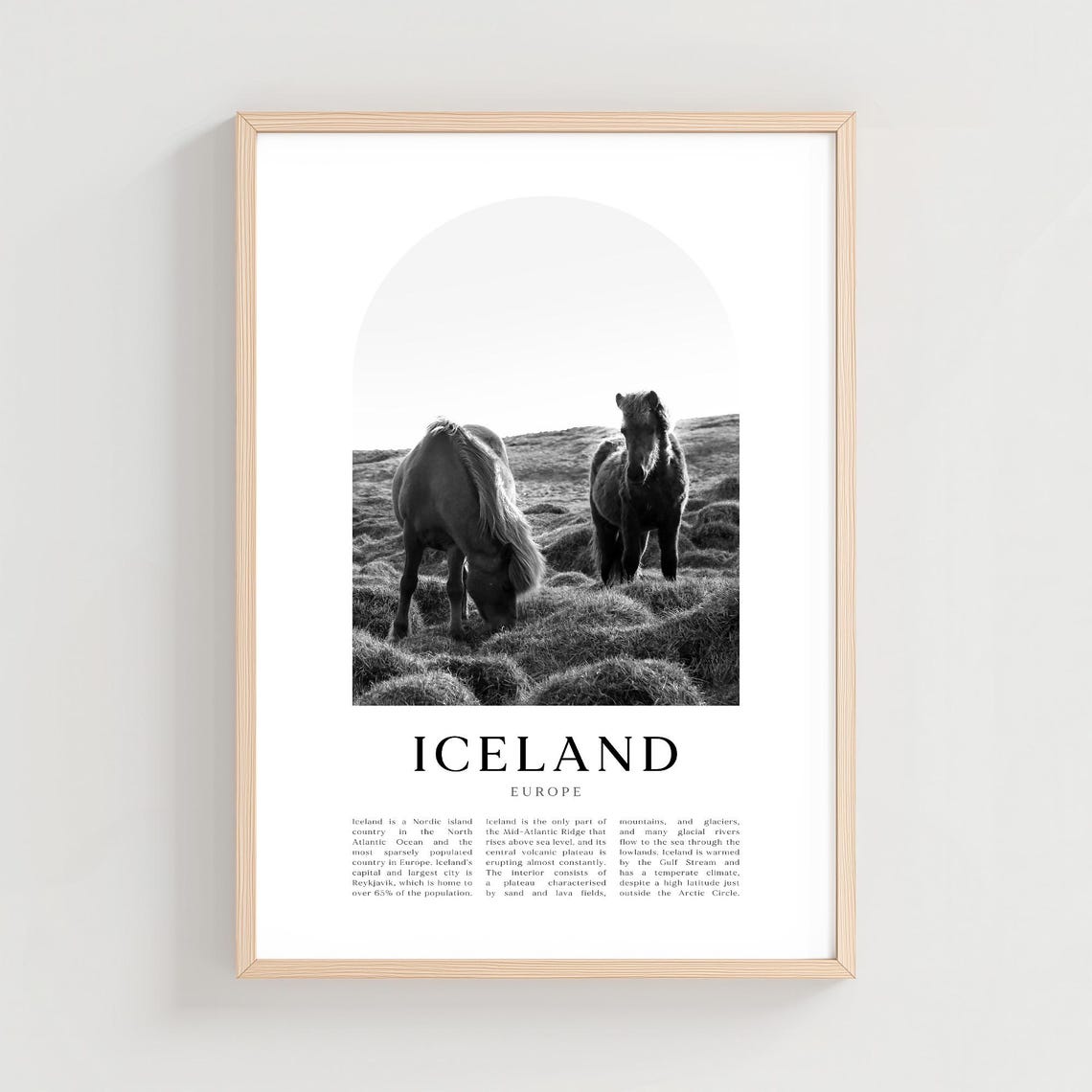 Iceland Black and White Horses Mountain Scenic Photography Poster