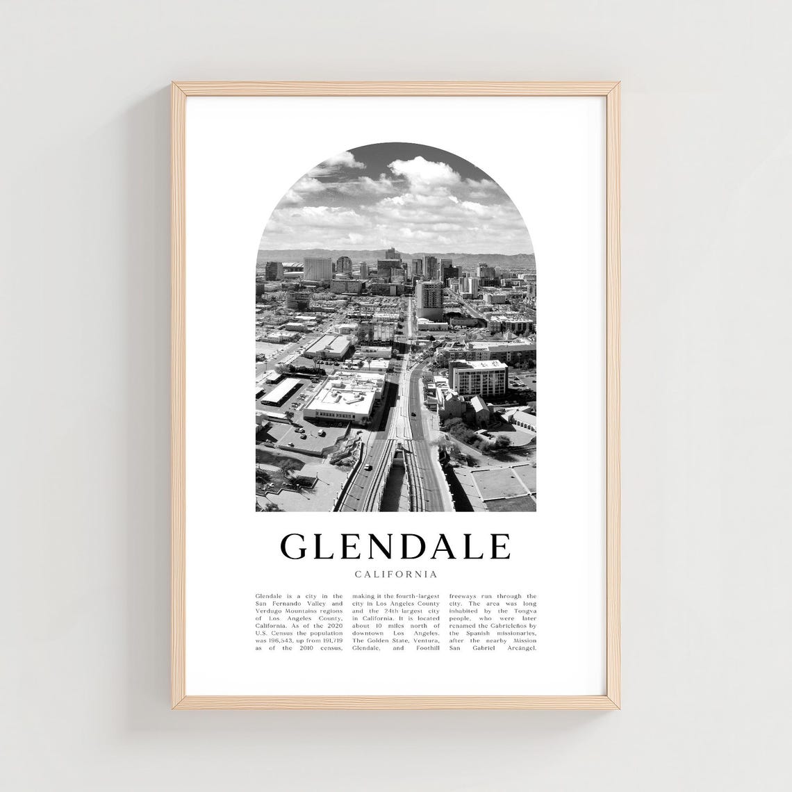 Glendale California Downtown Aerial Black and White Photo Poster