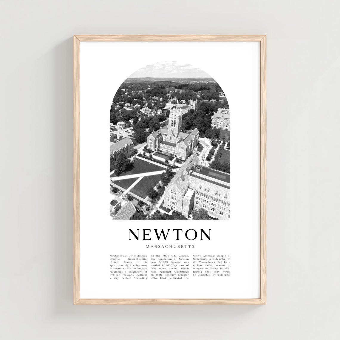 Newton Massachusetts Aerial College Campus Black White Photo Poster