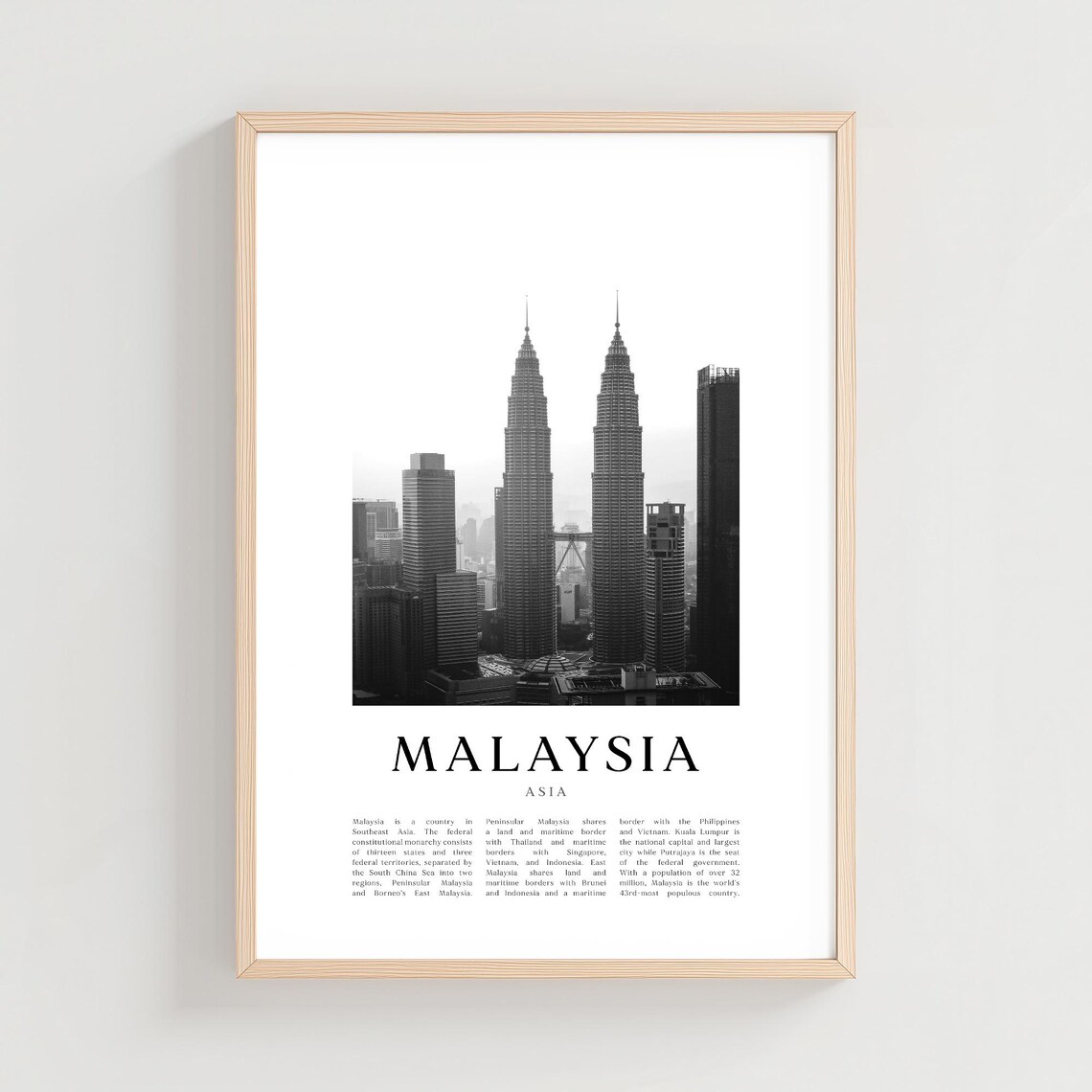 Malaysia Kuala Lumpur Poster Black White Petronas Towers Photo Art
