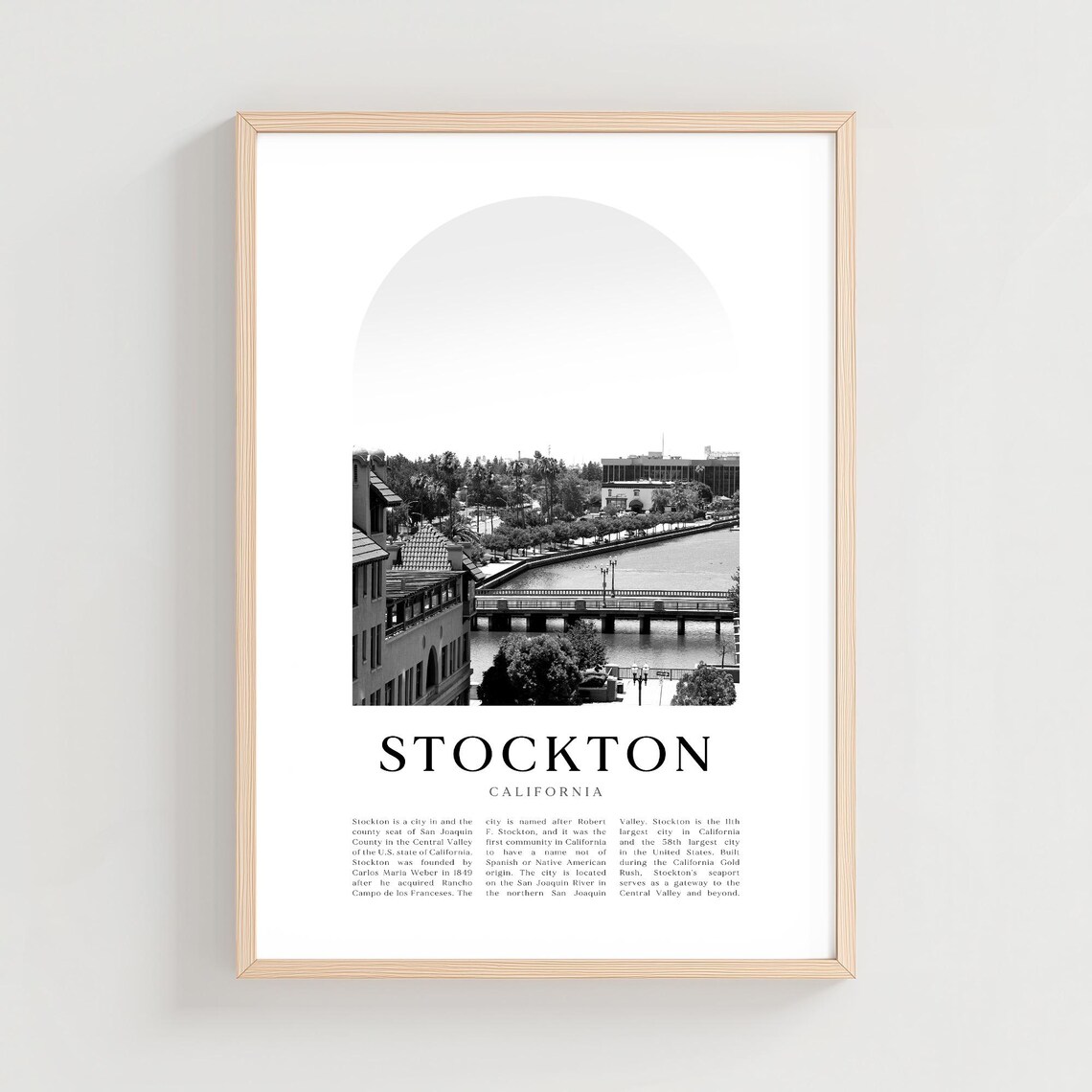 Stockton California Minimalist Black and White Skyline City Print