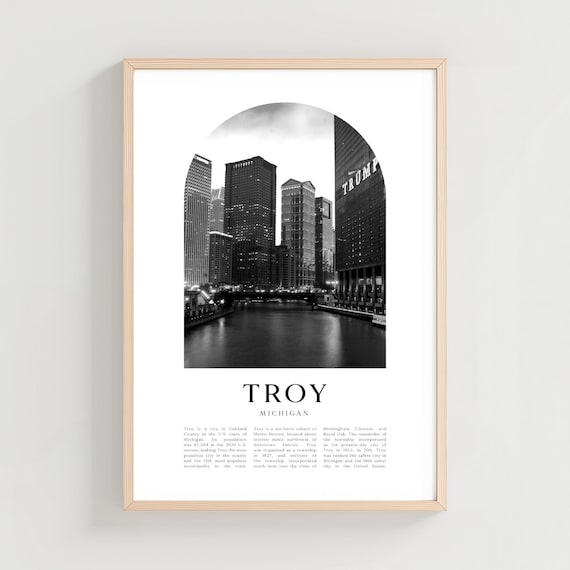 Troy Michigan Riverfront Skyline Night Black and White Photo Poster