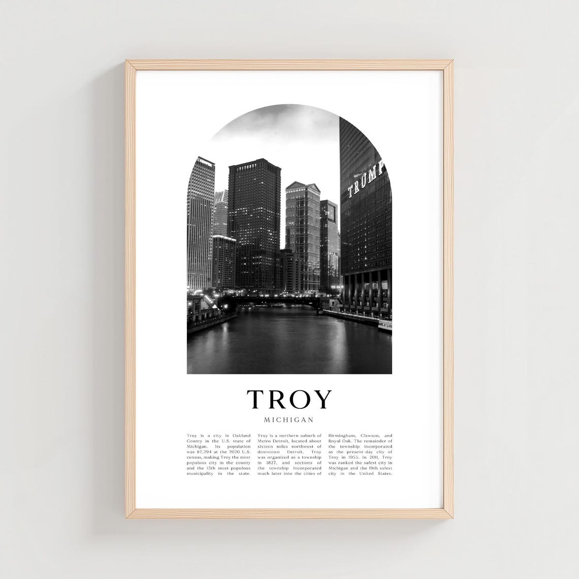 Troy Michigan Riverfront Skyline Night Black and White Photo Poster