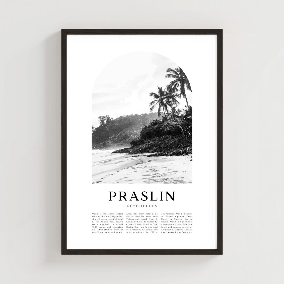 Praslin Seychelles Palm Beach Black White Tropical Photography Poster