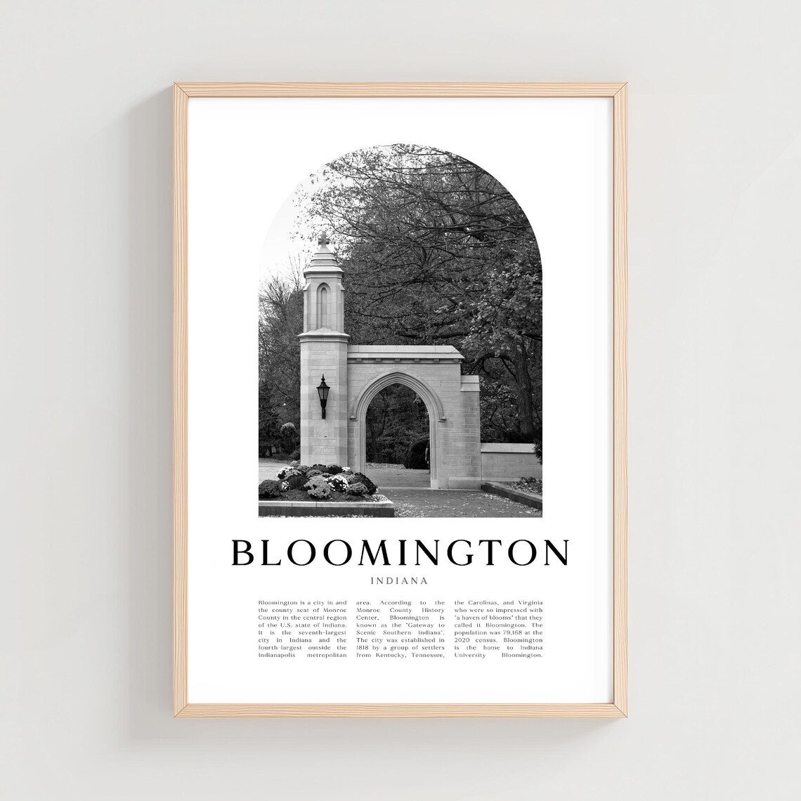 Bloomington Indiana Historic Stone Arch Gate Black White Travel Poster