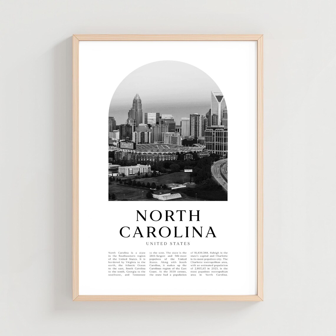 North Carolina Charlotte Skyline Black White Photo Travel Poster