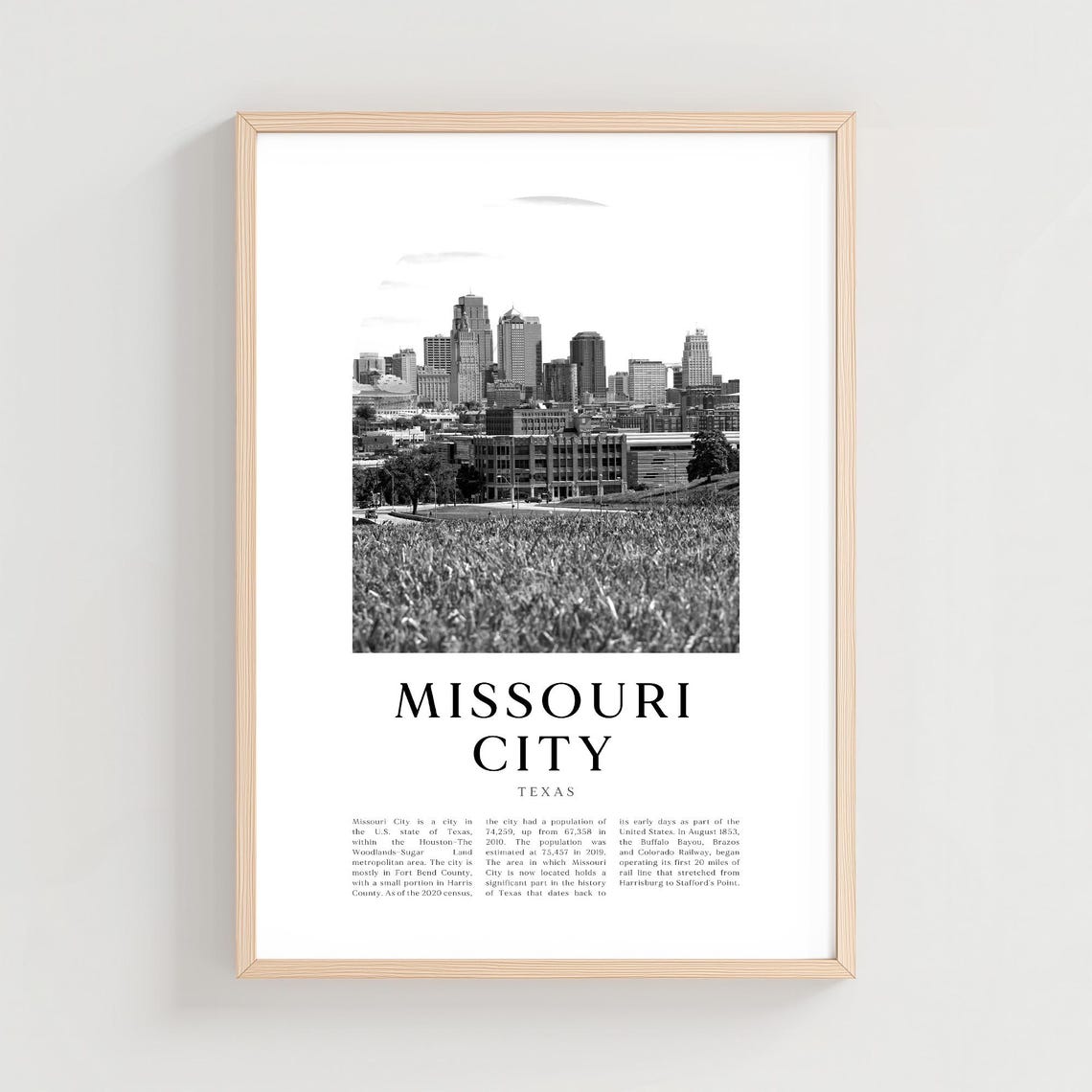 Missouri City Texas Black and White Urban Downtown Skyline Poster
