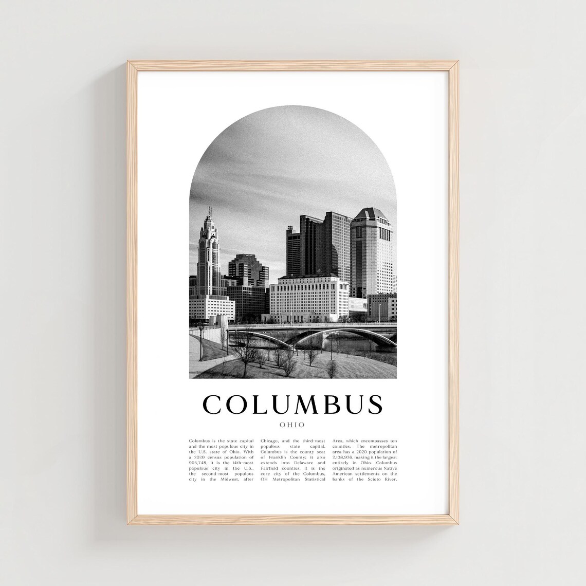 Columbus Ohio Black and White Downtown Skyline Arch Photo Travel Poster