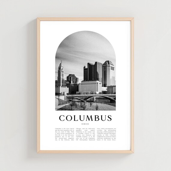 Columbus Ohio Black and White Downtown Skyline Arch Photo Travel Poster