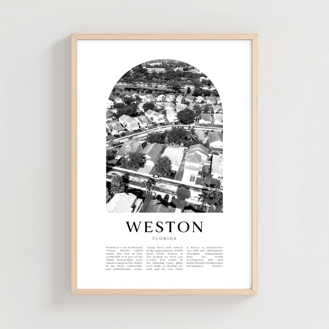 Weston Florida Aerial Arch Vintage Black and White City Photo Poster