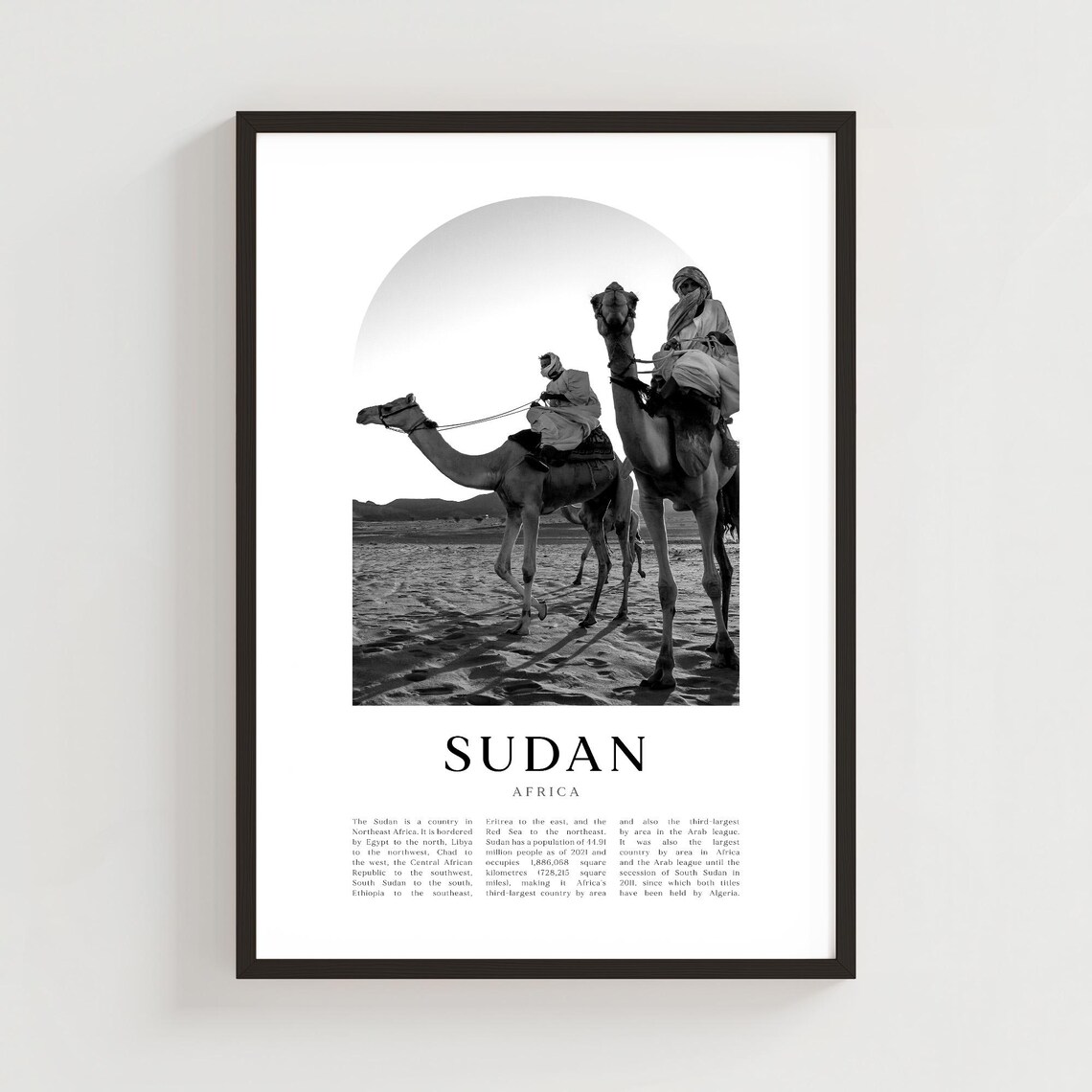 Sudan Africa Vintage Black And White Desert Camel Travel Poster