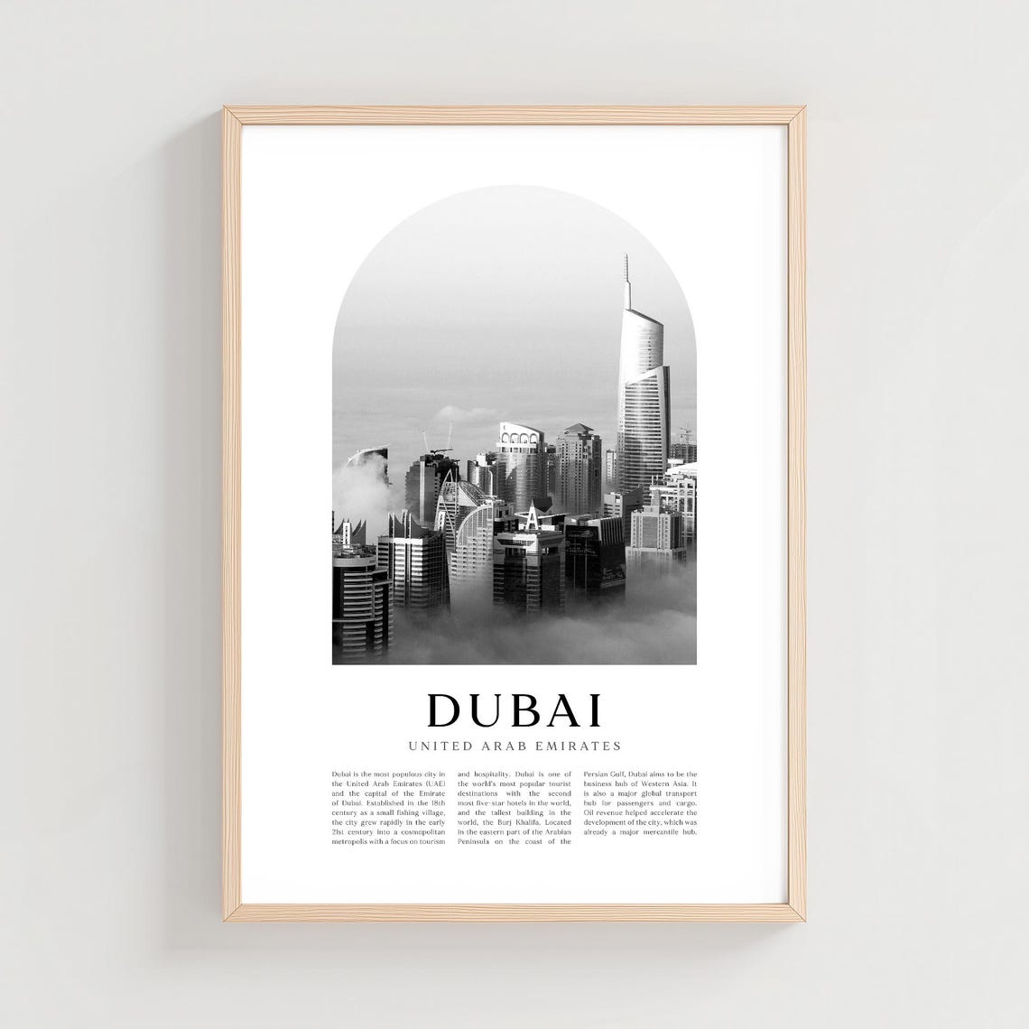 Dubai United Arab Emirates Foggy Skyline Black and White Photo Poster