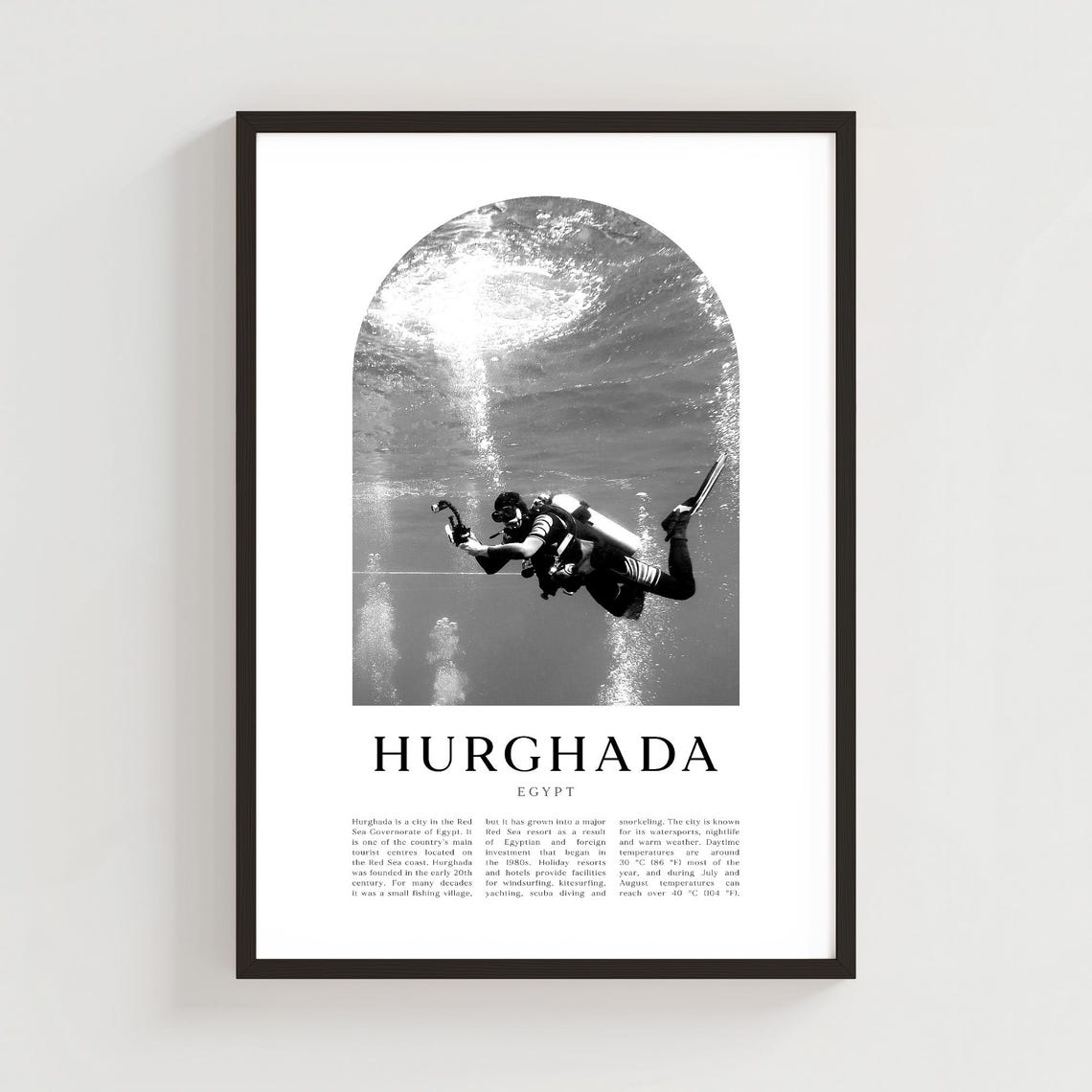 Hurghada Egypt Scuba Diver Underwater Black White Photography Poster