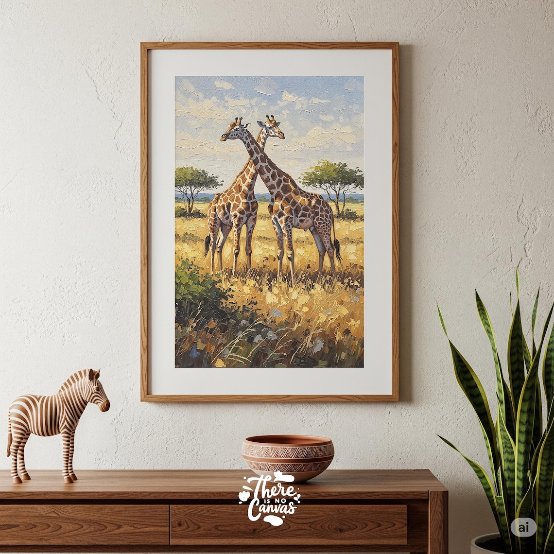 Giraffe Pair African Savanna Sunset Oil Style Wildlife Art Poster