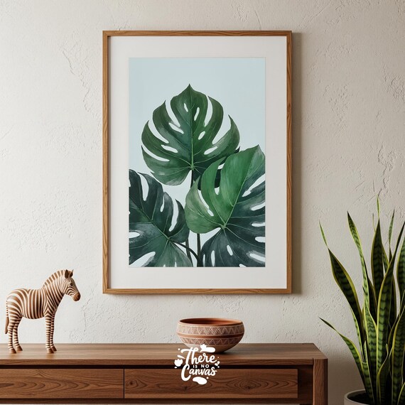 Monstera Leaf Print Pale Blue Botanical Wall Art