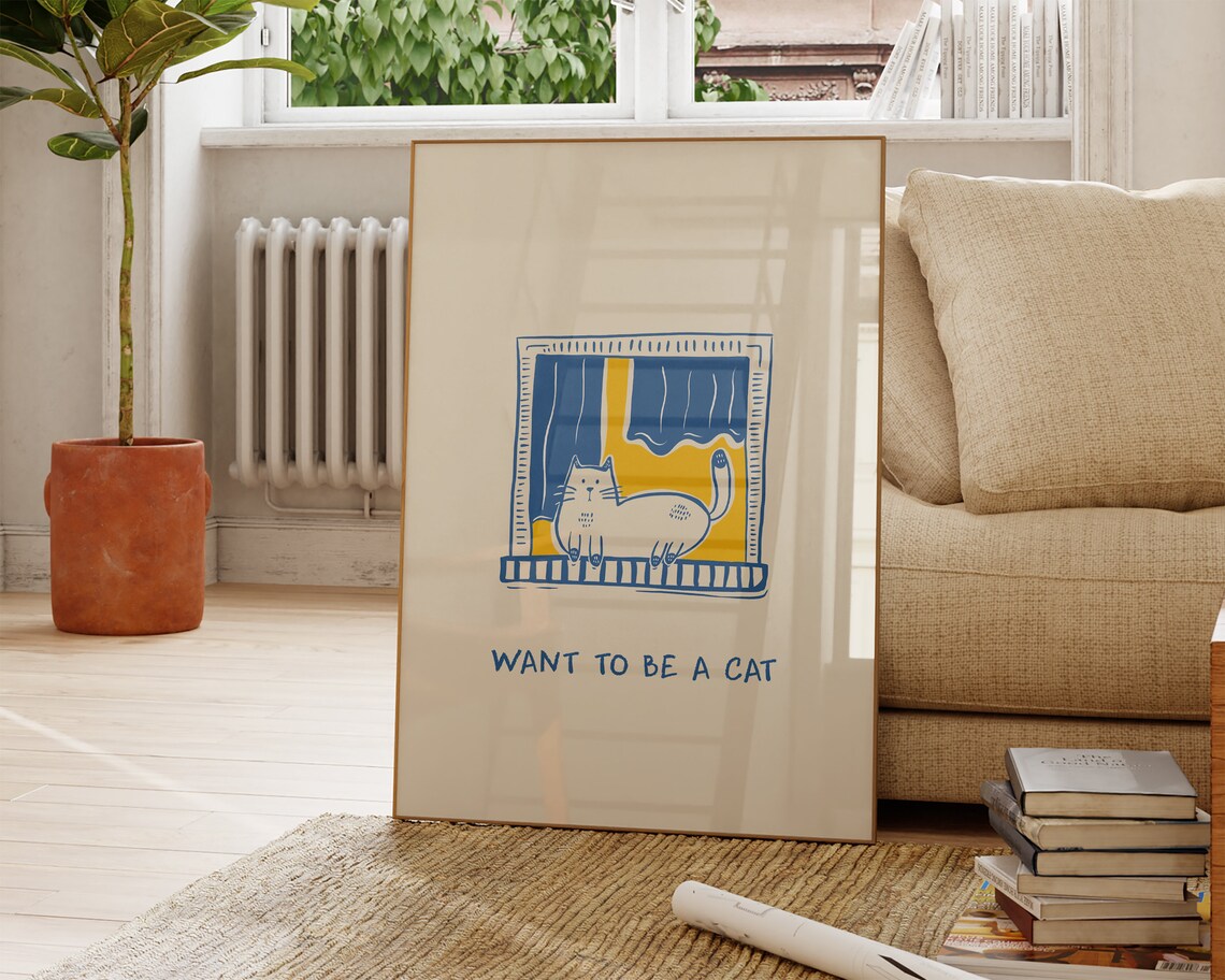 Funny Cat Blue Line Art, Minimalist Boho Art Print - Image 2
