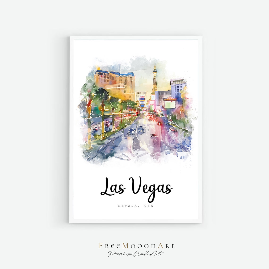 Las Vegas Nevada Strip Night Lights Watercolor Travel Poster