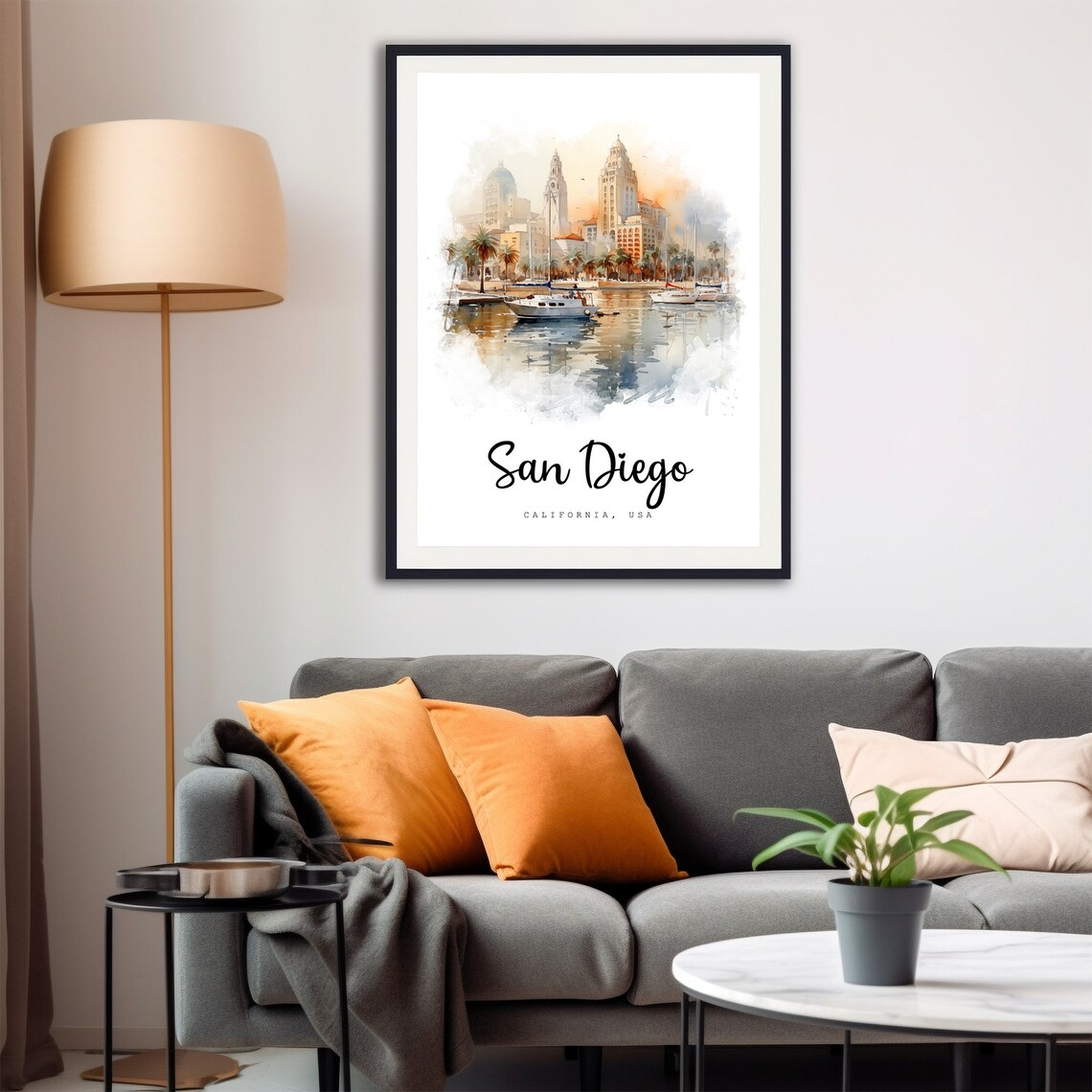 San Diego California Harbor Skyline Sailboats Watercolor Poster - Image 4