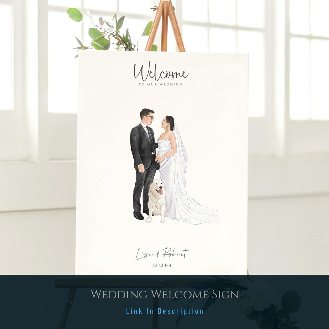 Lisa and Robert Wedding Guest Book Custom Watercolor Portrait Poster - Image 3