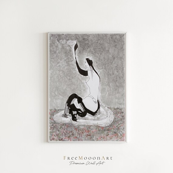 Kneeling Woman Arm Raised Ink and Graphite Figurative Art Poster