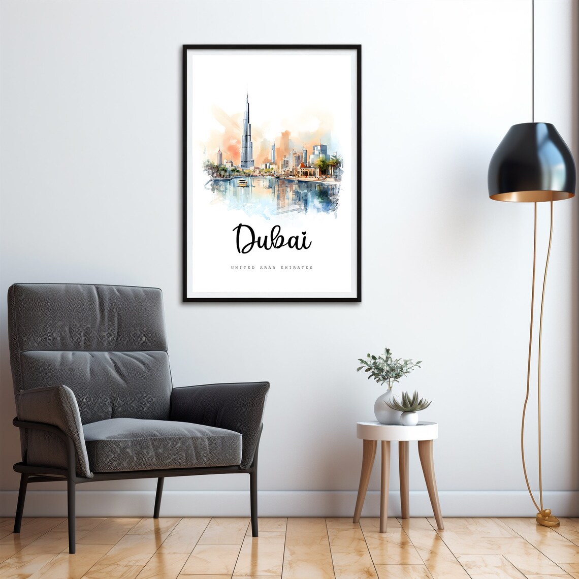 Dubai Skyline Watercolor Travel Poster Burj Khalifa Cityscape Art - Image 4
