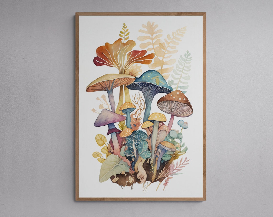Watercolor Mushroom Forest Autumn Ferns Botanical Art Poster
